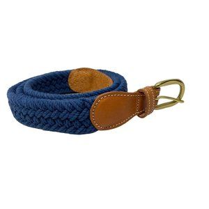 Lands End Mens Genuine Leather Woven Cotton Belt Blue Size 38 Brass Buckle